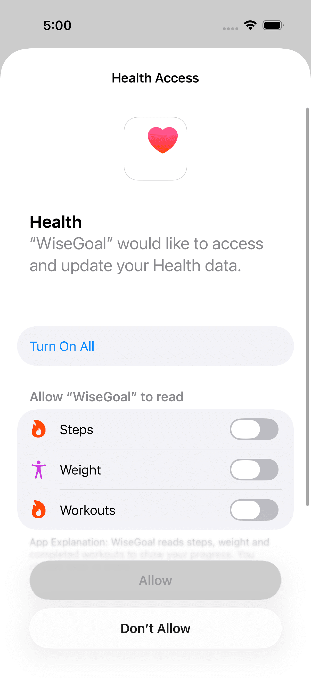 Apple Health permission sheet for WiseGoal with separate read-access switches for Steps, Weight and Workouts.