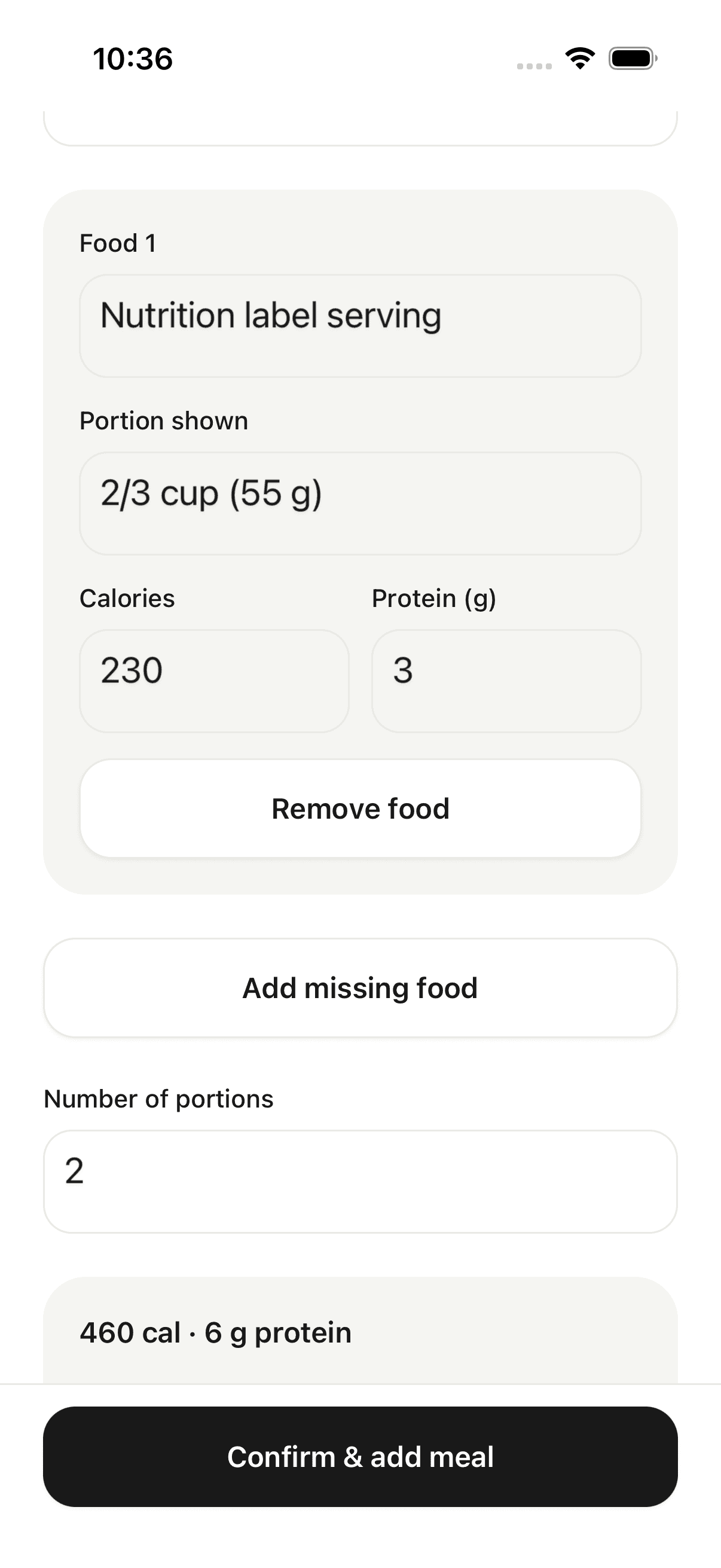 WiseGoal food review with editable serving size, calories, protein, two portions and a Confirm & add meal button.